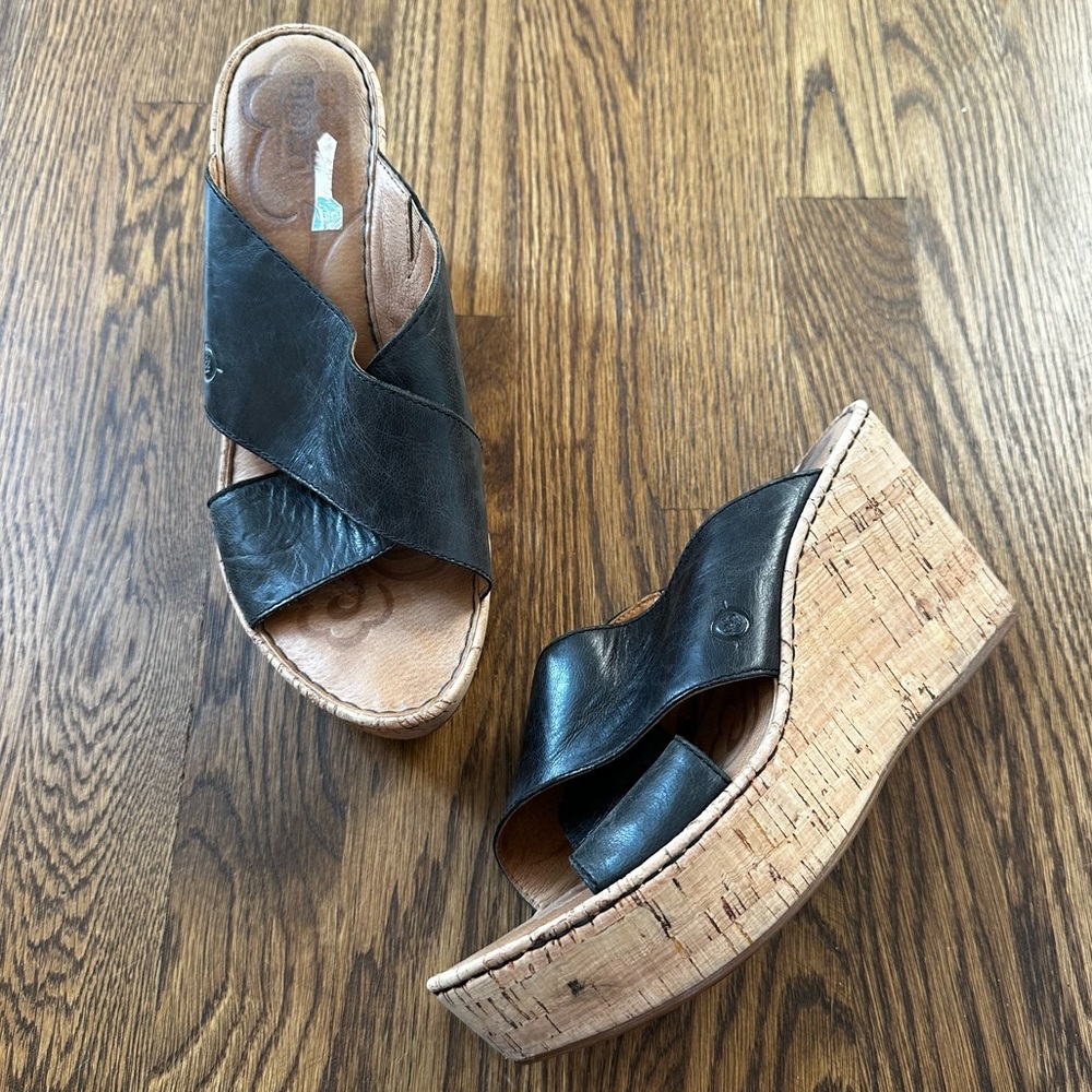 Born Black Wedge Sandals with Cork Platform, size 9